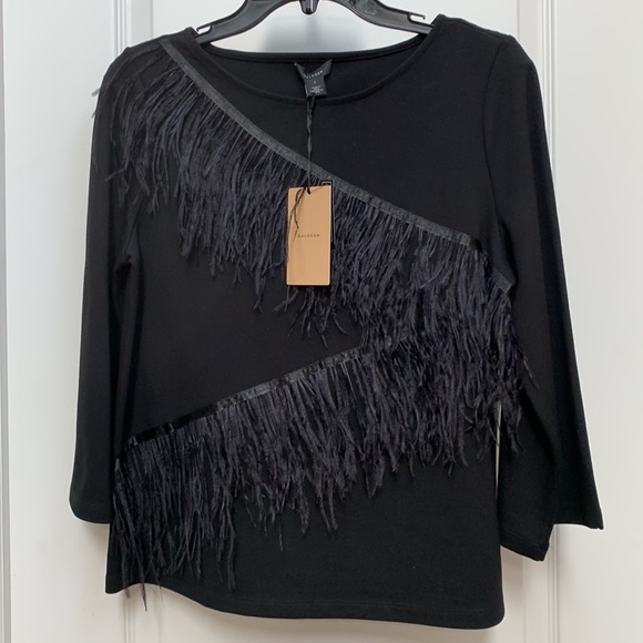 Halogen 🖤 Nordstrom Ostrich Feather Zig Zag Sweater Black Quarter Sleeve Top - Picture 15 of 15